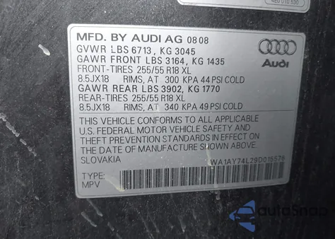 2009 Audi Q7 3.6 Premium from USA, damaged, VIN WA1AY74L29D015576